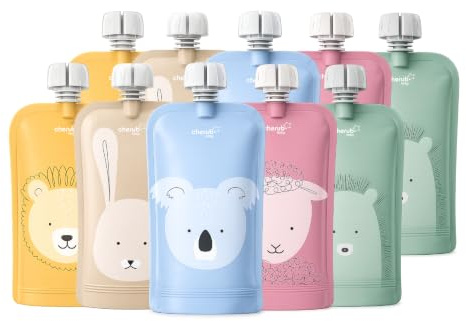 Cherub Baby Sacchetti per alimenti ricaricabili, confezione da 10 sacchetti da 150 ml, a prova di perdite, adatti al congelatore, senza BPA, per snack per bambini, riutilizzabili, facili da riempire