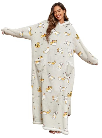 Sedefen Sweatshirt Hoodie Decke mit Ärmeln Deckenpullover,Flauschige Sherpa Kuscheldecke Tragbare Decke,Übergroße Kapuzenpullover für Damen Herren Erwachsene Warm Ärmeldecke Katze Muster