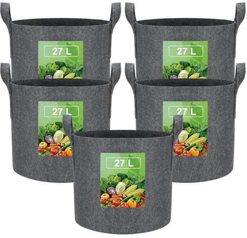 Bolsa para Plantas de 27L Bolsas de Tela para Patatas con Asa,Bolsa de Cultivo de Plantas Reutilizable para Cultivar Patatas,Tomates,Verduras,Flores,Maceta de Jardín Espesada y Ventilada,5 pcs Gris