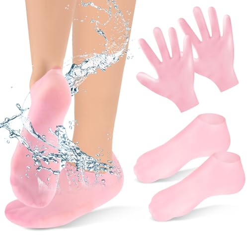 2 Paia Guanti In Silicone Idratanti e Calzini Spa Gel Per La Notte - Trattamento Mani, Guarigione Dell'eczema e Riparazione Rigida