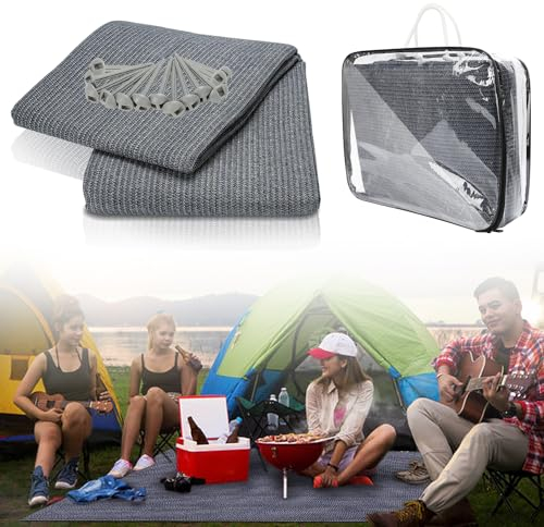 Fogmiea Vorzeltteppich Markisenteppich 200 * 200CM, Atmungsaktiv rutschfest Zeltteppich, Zeltboden für Camping, Campingteppich mit 13 Heringe und Tragetasche, Waschbar(Grau Blau)