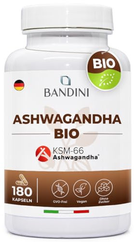 Bandini® Bio Ashwagandha KSM-66® - 180 Kapseln - 6 Monate Vorrat - Hochdosiert mit 500mg je Kapsel – Hochwertige indische Schlafbeere - Bio-Ashwagandha aus Withania Somnifera Pulver – Vegan