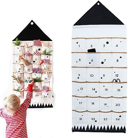 Calendrier de L'avent Tissu, Calendrier de L’avent à Remplir avec 24 Poches, 50x95cm Calendrier Avent Tissu Mural Reutilisable calendrier Suspendu Avent Noël Décoration pour Murale Enêtre Porte (Noir)