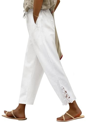 UMIPUBO Pantalones de Verano Mujer Algodón 7/8 Largo Pantalon con Bolsillos Yoga Pantalón Elástico Cintura Casuales Pantalón Playa Baggy Cómodo (Blanco, XXL)