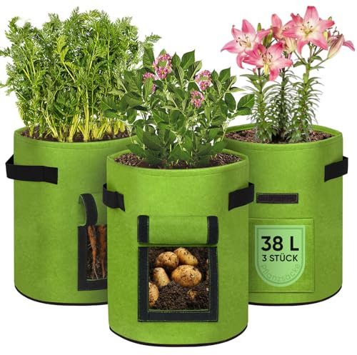 arvioo Pflanzsack 3 STK 38 L, Stofftopf für Transport Wachstum & Schutz, mit Sichtfenster & Tragegriffen, Verhindert Staunässe für Wurzelwachstum, Kartoffel Pflanzsack für Garten Gewächshaus (Grün)