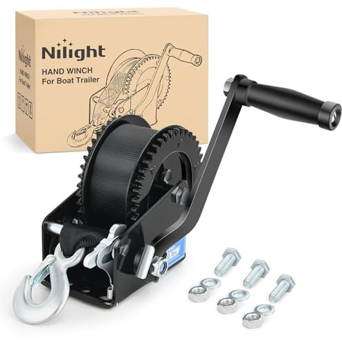 Nilight Boat Trailer Winch 2000 Lbs Hand Crank Winch Heavy Duty Boat Winches with 23Ft Strap Rope Hook 2-Way Ratchet 4:1 Gear Portable Marine Manual Winch for Trailers Boats RV ATV Jet Ski Towing