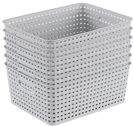 Farmoon Set of 6 Plastic Woven Storage Baskets, Plastic Cupboard Storage Basket, Grey
