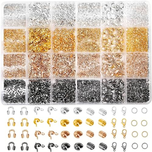 Bikasun 2160 Piezas Cierre de cadena, 4 colores Cierres para Pulseras Kit, Gancho de Langosta, Mosquetón, perlas de engarce, Anillos de Salto Abiertos (oro, plata, oro rosa y negro)