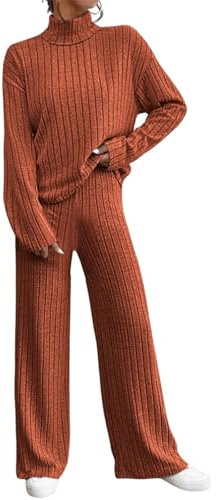 Glamidea Set da Donna in Maglia 2 Pezzi Moda con Costine Tuta Jogging Inverno Monocolore Tuta Sportiva Abiti da Casa Maglione Manica Lunga a Collo Rotolato e Pantaloni a Vita Alta per il Tempo Libero