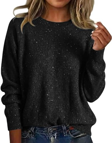 Jersey de Mujer Manga Larga con Lentejuelas, Top de Punto Amplio y Elegante con Cuello Redondo para Fiesta y Noche