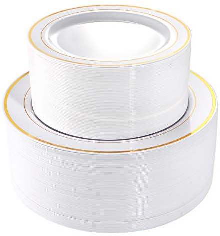 I00000 102 Pieces Gold Plastic Plates, Disposable Party Plates White Gold Rim, 51 Disposable Gold Dinner Plates 10.25 Inch and 51 Disposable Dessert Appetizer Elegant Fancy Wedding Plates 7.5 Inch