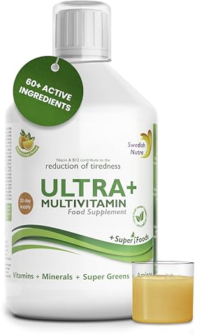 Swedish Nutra - Ultra+ Multivitamin Liquid Food Supplement - Pack of 500 ml, 33 Day Supply | Packed with Vitamins, Minerals, Super Greens & Aminos to Boost Energy & Immunity I Natural Orange Flavour