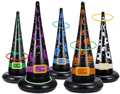 CLISPEED Ring Toss Game Set, 15 Pcs Halloween Inflatable Witch Hats Toss Game with 10 Rings in 2 Size for Kids Audlts Family School Outdoor Indoor Carnival Party Favor Halloween Toss Toys Present
