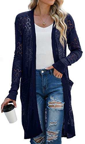GRECERELLE Strickjacke Damen Sommer Lang Cardigan Langärmelig Lochmuster Strandjacke Leicht Dünne Vorne Offen Cover Up (Marineblau, XL)