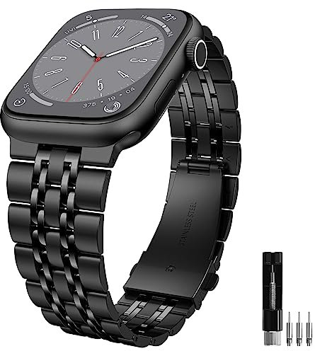 Kamita Métal Bracelets Compatible avec Apple Watch Série 42mm 44mm 45mm 46mm 49mm, Bande en Acier Inoxydable Réglable pour Femme Homme, Remplacement Watchband pour iWatch 10 9 8 7 6 Ultra SE (Noir)