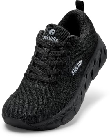 FitVille Womens Wide Fit Trainers Lightweight Sneakers, Black, 6.5 Wide