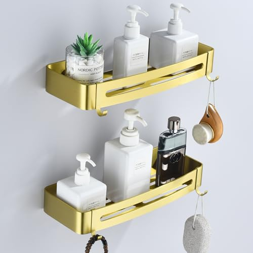 HNVNER Etagere Douche Or Brossé en Métal Lot de 2, Étagère Salle de Bain avec Crochets Rangement Douche pour Shampooing Serviteur de Douche sans Percage, Antirouille