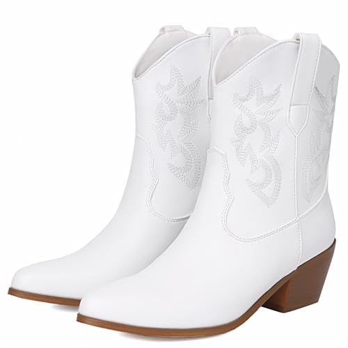 COOLCEPT Women Western Cowboy Boots Embroidered Metallic Boots Chunky Heel Ankle Cowgirl Boots Pull on White Size 40