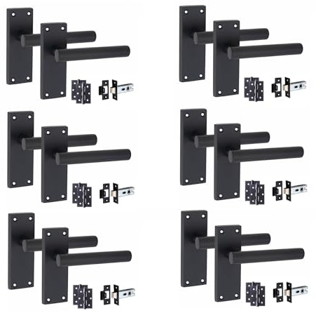 Golden Grace 6 Set of Victorian Straight T-Bar Handle Latch Door Handles Matt Black with 1 Pair of 3 Ball Bearing Hinges & Latches Pack Sets 120mm x 40mm Backplate