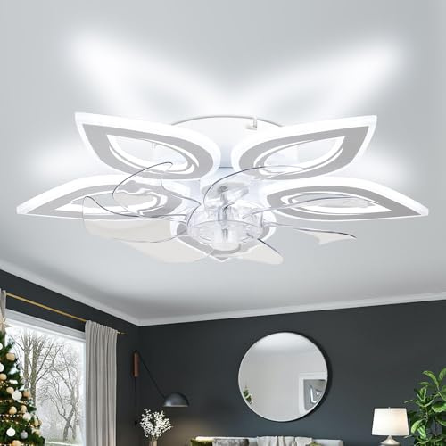 Finktonglan Modern Ceiling Fans with Lights, 55 cm Dimmable LED Flush Mount Ceiling Fan with Light and Remote 6 Speeds Bedroom Fan Light Quiet Ceiling Fan Light for Living Room, White