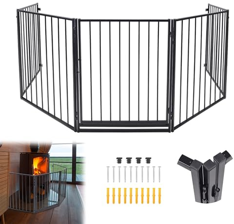 QEENTOE Kaminschutzgitter Metall Ofenschutzgitter Türschutzgitter Baby Kinder Kaminschutzgitter Sicherheitsbarriere Für Kamine und Öfen Inkl.5 Elemente Schwarz 305x 76CM