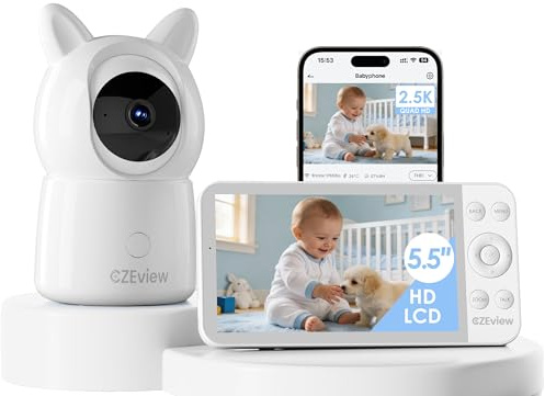 CZEview 5,5 2.5K Baby Monitor Video e Audio, Luce Notturna & Musica, Telecamera Bambini, Controllo Tramite APP Mobile & Monitor (Bianco)