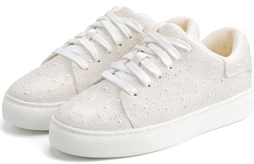 Suokdil Scarpe da ginnastica con strass scintillanti per le donne Bling Sneakers con strass Scarpe bianche Glitter Moda Bedazzled Platform Scarpe da tennis Sposa Paillettes Matrimonio e Festa Scarpe
