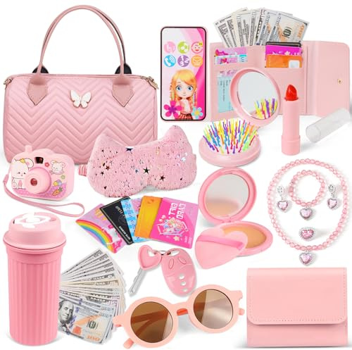 Bolso de Niña con Accesorios, Juguetes Niña de Maquillaje Falso Set, Juego de Bolso-Billetera, Teléfono, Gafas de Sol, Botella, Parche de Ojo, Joyas, Llaves, Cumpleaños Regalos Niñas 3 4 5 6 7 8 Años