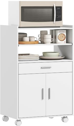 HOMCOM Mobile Microonde con Ruote, Armadietto a 2 Ante, 59x40x92cm, Bianco | Credenza Cucina con Cassetto, Piano per Elettrodomestici, Ripiano Estraibile e Ripiano Aperto, Carrello Cucina per Soggiorno