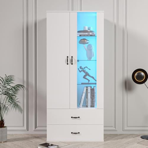 PUGSDRLY Vitrine Haute avec Éclairage LED 59,5 x 35 x 182 cm, Porte Bois Blanche et Porte Acrylique Transparente, 2 Tiroirs, pour Salon, Salle à Manger ou Chambre