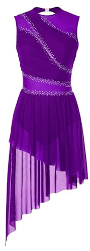 Miutii Konståkningsklänning för kvinnor, ärmlös, glitter, balettklänning med asymmetrisk kjol, lyrisk, dansklänning, modern, samtida danskläder, lila, XS