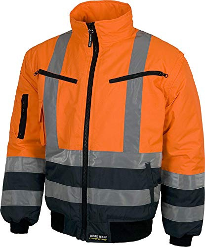 WORKTEAM Cazadora Piloto Alta Visibilidad Impermeable Acolchada con Mangas Desmontables, Cintas Reflectantes, Protección Contra Frío, Clase 2, Hombre Naranja A.V.+Marino L