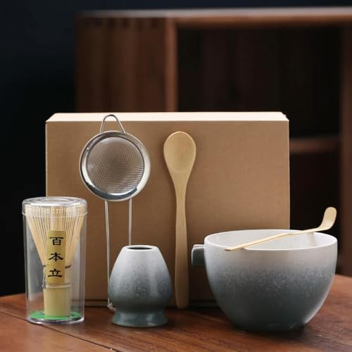ROCILB Ensemble à Matcha Japonais 6 pièces avec Bol en céramique, Fouet à Matcha, cuillère à thé et passoire. Accessoires pour la préparation du thé.