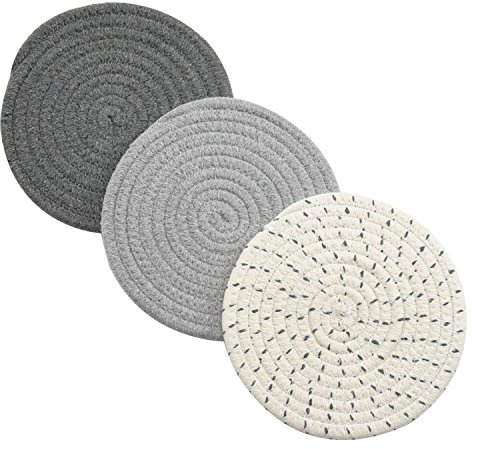 Potholders Set Trivets Set 100% Pure Cotton Thread Weave Hot Pot Holders Set (Set of 3) Stylish Coasters, Hot Pads, Hot Mats,Spoon Rest For Cooking and Baking by Diameter 7 Inches (Gray)