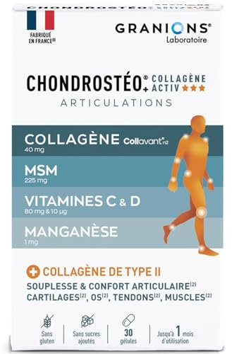 GRANIONS| Chondrostéo+ Collagène Activ' | Contribue à la souplesse et au confort articulaire | Mobilité, souplesse, capital osseux | Collagène, Vitamine C, Manganèse | 30 Gélules