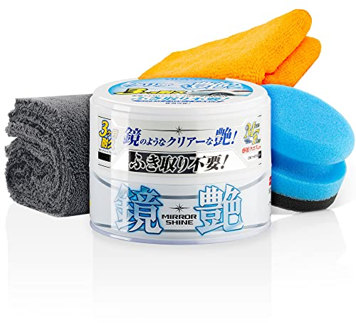 detailmate Soft99 Auto Versiegelungs Wachs Set für helle Lacke - Soft99 Mirror Shine Wax Light + Handpolierschwamm Applikator + Mikrofaser Poliertuch 550GSM 40x40cm
