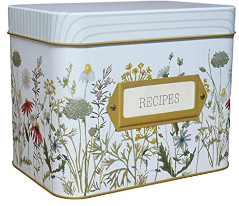 SENSORY4U Tin Recipe Box Holder With Cards - Wildflower Print - Includes 100 4X6 Cards and 12 Dividers - Beautiful Decorative Tin Box Flower Gift