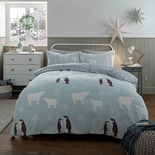 Sleepdown Penguin & Polar Bear Glow In The Dark Duck Egg Grey,Reversible Fleece Thermal Warm Cosy Super Soft Duvet Cover Quilt Bedding Set with Pillow Case - Single (135cm x 200cm) 5056242830061