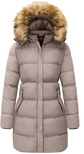 WenVen Lång vinterkappa för kvinnor, vindtät quiltad jacka, tjock jacka, varm vadderad kappa, vinterparkas med fuskpälshuva, khaki, XL