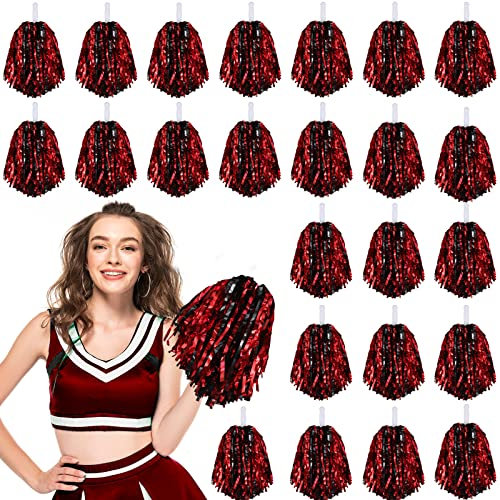 Hanaive 24 Pcs Cheerleading Pom Poms Bulk with Handle, Black, Red