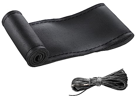 CGEAMDY Leather Car Steer Wheel Stitch On Wrap Cover, Lace Up DIY Sewing Steering Wheel Protector, Breathable Anti Slip Microfiber Leather, Universal for 37-38CM Auto Steering Wheel (Black)