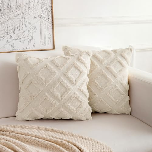 TOCOMOA Boho Kissenbezug 40x40 2er Set - Polyester Dekorative Sofakissen Dekokissen Kissenbezüge Beige, Weich Plüsch Kissenhülle 40x40cm Zierkissenbezug für Sofa Schlafzimmer Wohnzimmer
