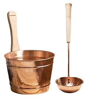 ALFIQ Ensemble seau et louche faits à la main 100 % cuivre massif | Accessoires de spa en cuivre martelé | Accessoires de hammam turc