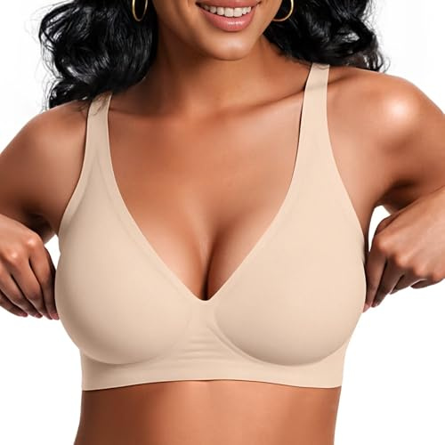Vertvie Bras for Women Non Wired Deep V Seamless Wireless Push Up Bra Comfort Plunge T Shirt Soft Support Full Coverage Everyday Bralettes(Nude,Medium)