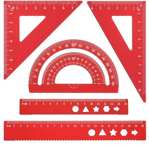 PATIKIL Set di Squadra Triangolare, Righello Metrico da 15cm 20cm in Alluminio, Squadra Triangolare 45°60° e Goniometro, 5Pz, Rosso