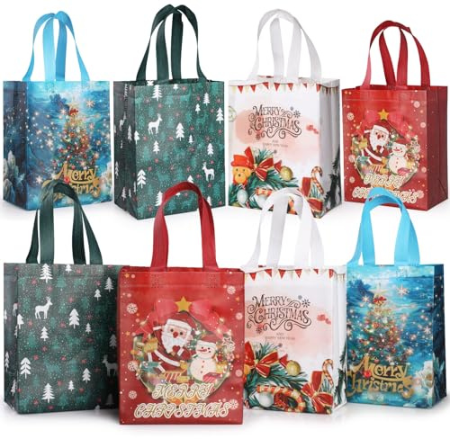 Hianjoo Sacchetti Regalo di Natale, 8 Pezzi Sacchetti di Natale Riutilizzabili con Manici Borse Pieghevoli Resistenti all'Acqua Borse da Festa per Decorazioni per Forniture per Feste