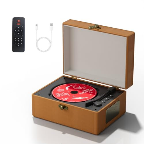 Yintiny Reproductor de CD de cuero marrón con altavoces para decoración del hogar