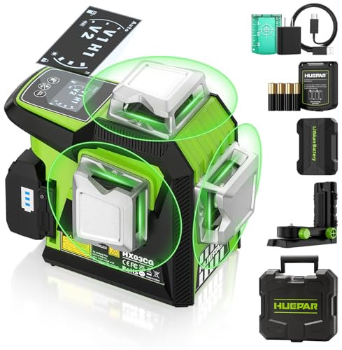 Huepar Laser Level ±2mm High Accuracy 3D Adjustable Brightness Green Line Level with LCD Screen, 360° Self Leveling Laser Leveler with 2 Type Batteries (Li-ion Battery+4*AA Battery) & 4 Working Mode