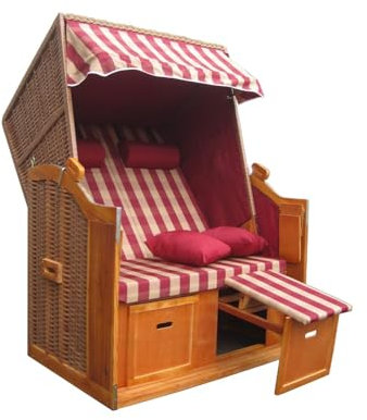 Vaiko Strandkorb Vollieger Ostsee Nordsee XXL120cm breit verstellbar PE Geflecht Markisenstoff (Rot kariert)