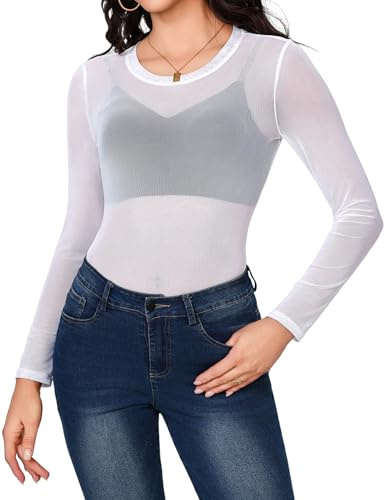 Aottori Maglietta Donna Trasparente Maglie in Rete Tunica Mesh Tops Slim Fit Camicette Sexy Manica Lunga T-Shirt in Tulle Bluse Elegante Casual per Clubwear Party Bianco L